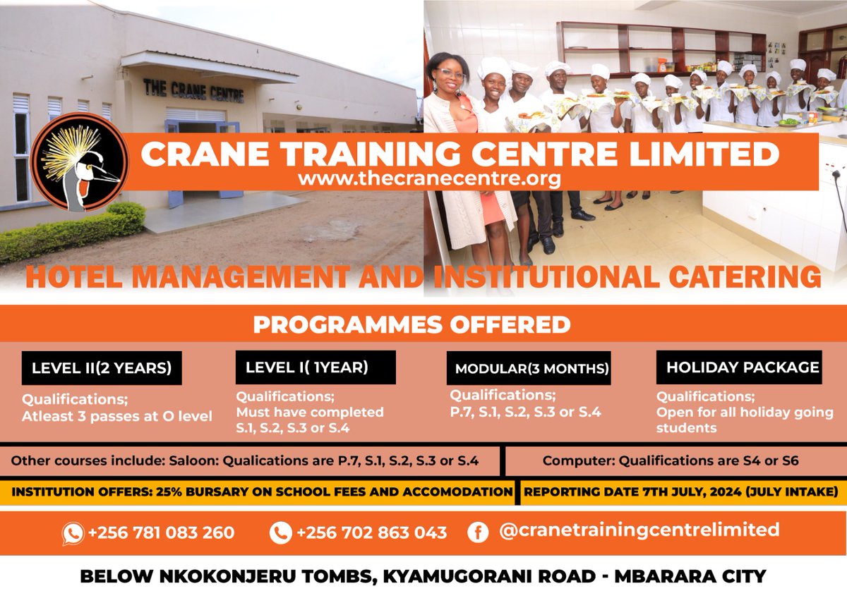 Retweet for our next student on your timeline 🙏. The @cranecentreltd in Mbarara has affordable courses and bursaries for students interested in Hotel Management, Baking, Saloon and computer studies ✌️.