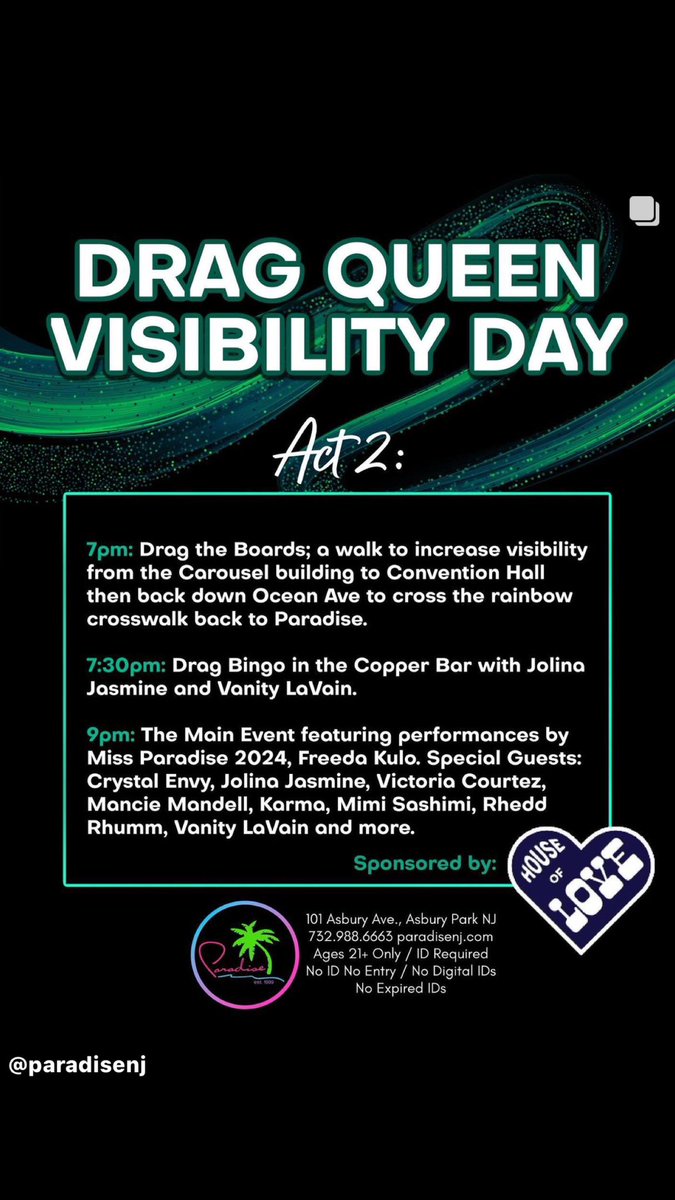 Drag Queen Visibility Day Tues, May 7th 😍💖🌴 Schedule of events available at: paradisenj.com #dragisnotacrime #dragqueendayofvisibility #asburyparknj #paradisenj #dragrace #LGBTQ #dragqueens @ILoveGayNJ #gaypride #drag