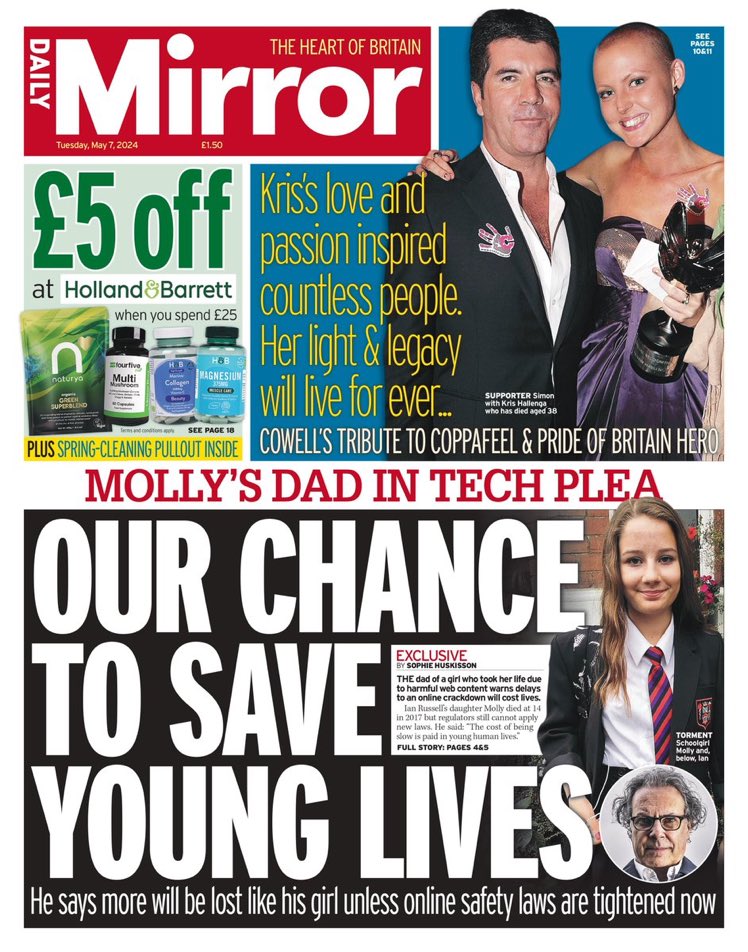 The dad of Molly Russell, who took her own life after viewing harmful posts, calling for better regulation of the net and social media is today’s @DailMirror splash.