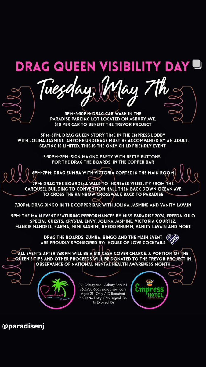 Drag Queen Visibility Day Tues, May 7th 😍💖🌴 #dragisnotacrime #dragqueendayofvisibility #asburyparknj #paradisenj #dragrace #LGBTQ #dragqueens @ILoveGayNJ #gaypride #drag
