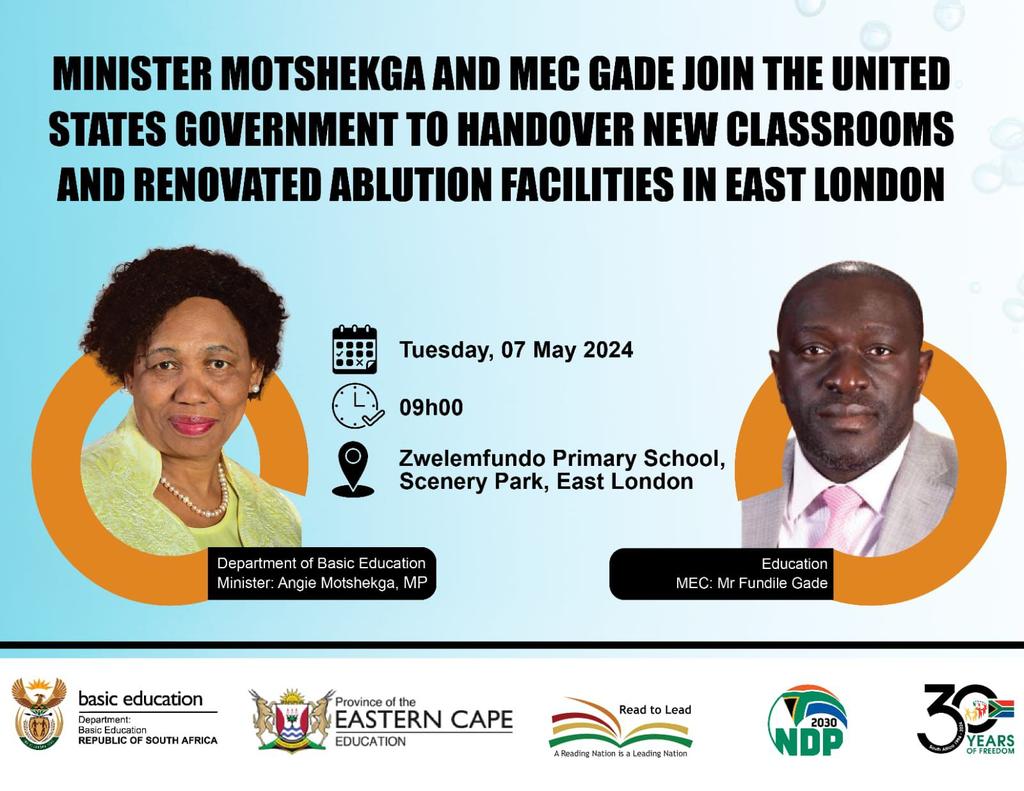 Today the Minister of Basic Education, Mrs Angie Motshekga, will be joining MEC Fundile Gade and USAID for the hand-over of new classrooms and renovated ablution facilities at Zwelemfundo Primary School in Scenery Park, East London.

#SchoolInfrastructure #PartnersInEducation