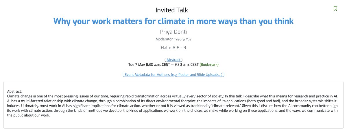 Most work in #AI has significant implications for #climate - through its environmental footprint, its applications (good and bad), & the systemic shifts it creates. Excited to speak today at #ICLR2024 on how we as the AI community can better align our work with climate action.