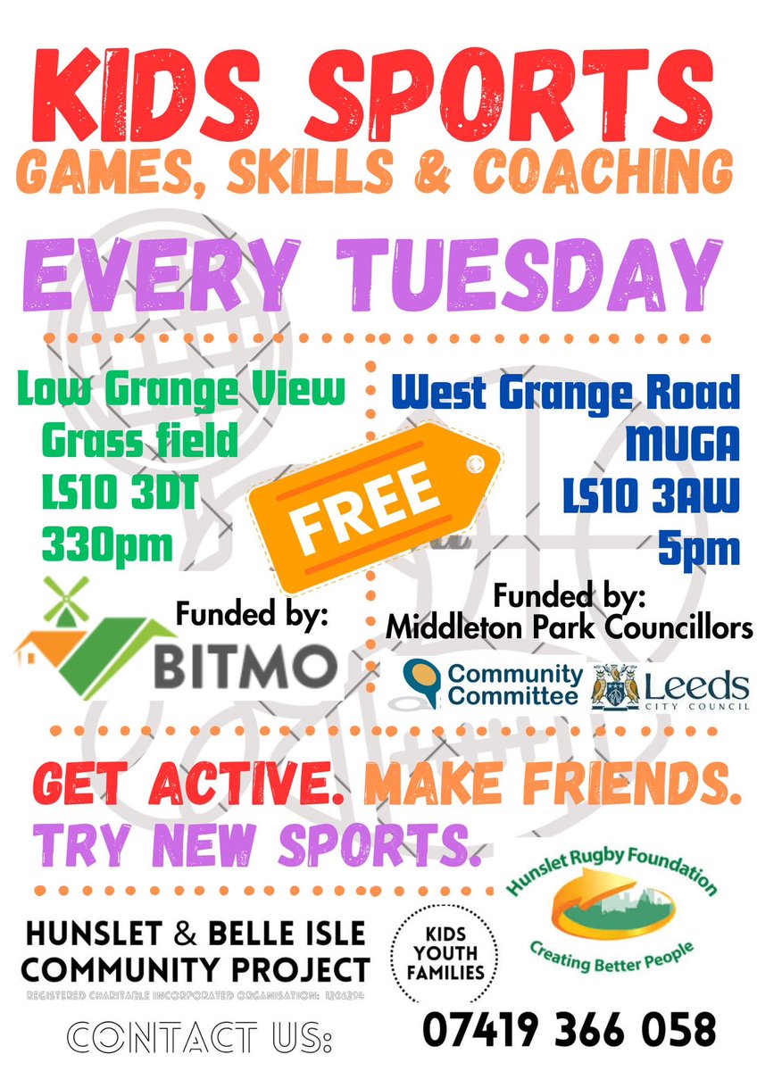 Remember our weekly Tuesday sessions that are FREE to YOU!! Pop down and see our Foundation staff this evening across two venues and enjoy plenty of fun games 🏏⚽️🏀🏈🏉⛳️