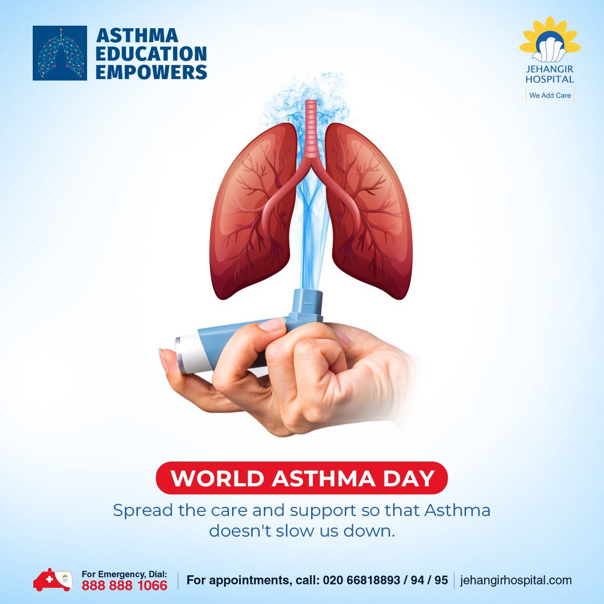 This World Asthma Day, let's:

Learn the signs and symptoms of asthma.
Seek professional diagnosis if you experience breathing difficulties.
Talk to your doctor about managing your asthma effectively.

#JehangirHospital #WeAddCare #PatientFirst  #WorldAsthmaDay #asthma