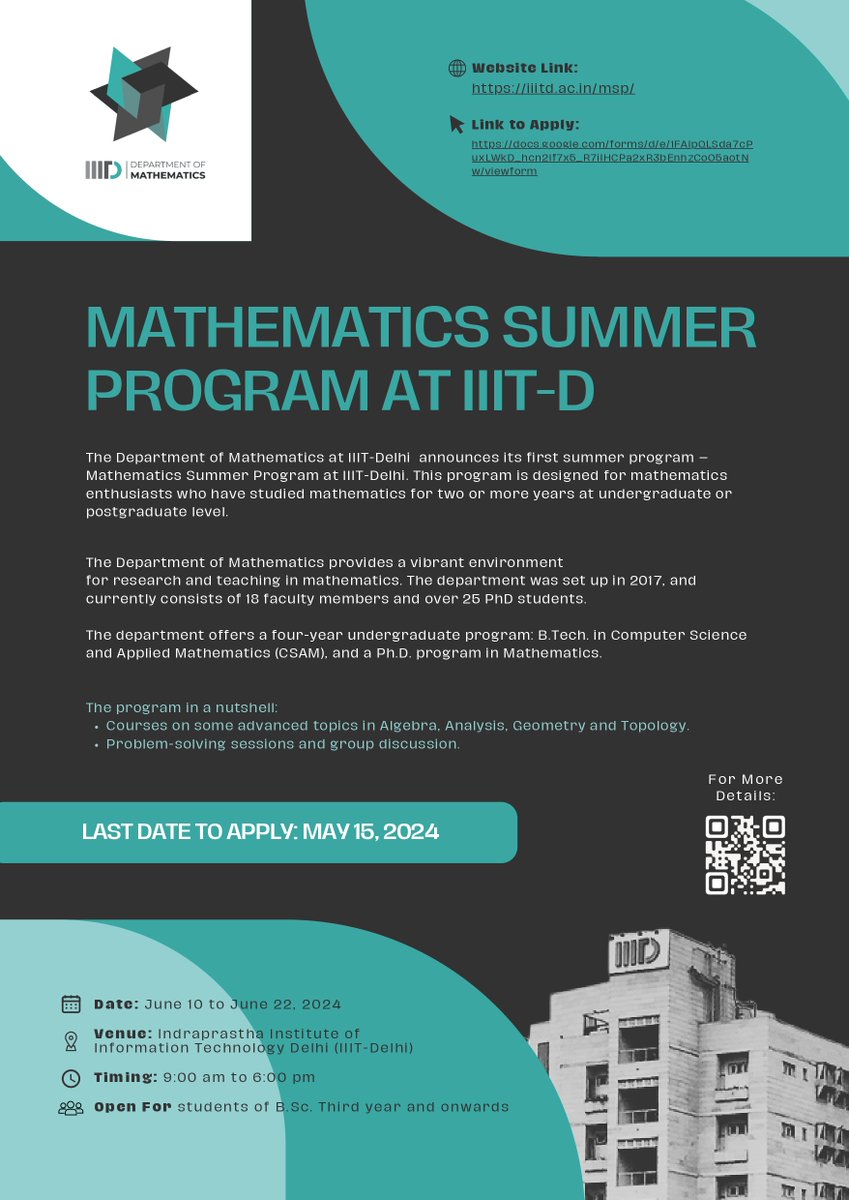 𝐇𝐞𝐫𝐞'𝐬 𝐚 𝐟𝐚𝐧𝐭𝐚𝐬𝐭𝐢𝐜 𝐨𝐩𝐩𝐨𝐫𝐭𝐮𝐧𝐢𝐭𝐲 𝐟𝐨𝐫 𝐚𝐥𝐥 #𝐌𝐚𝐭𝐡𝐞𝐦𝐚𝐭𝐢𝐜𝐬 𝐞𝐧𝐭𝐡𝐮𝐬𝐢𝐚𝐬𝐭𝐬!!

The Department of Mathematics at IIIT-Delhi announces its first #summerprogram – Mathematics Summer Program with crash courses on selected topics in #Algebra,…