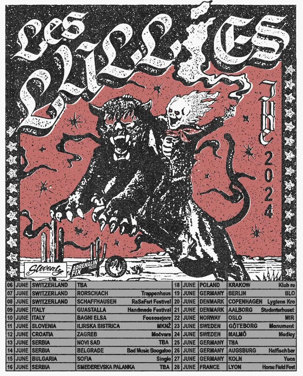 Tour after tour after sweaty stinkin' tour... there is no rest for the possessed! Catch Les Lullies in June as they shake these swingin' European cities into smithereens! TIX: elborrachobookings.com/artist/les-lul… MORON LES LULLIES: slovenly.com/artist/les-lul… #leslullies #elborrachobookings