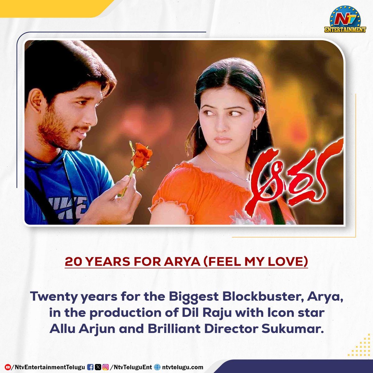 Twenty years for the Biggest Blockbuster, #Arya, in the production of #DilRaju with Icon Star #AlluArjun and Brilliant Director #Sukumar . 

#20yearsofArya #20YearsOfSukuMARK #DeviSriPrasad #NTVENT