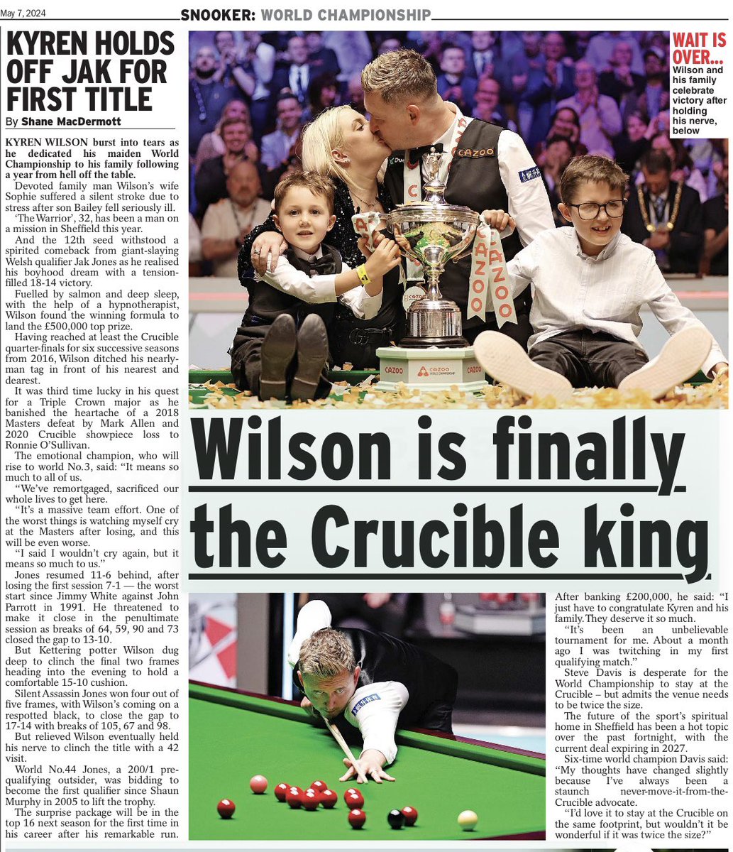 New world champion @KyrenWilson burst into tears after landing his maiden Crucible crown after a year of hell off the table @MirrorSport @MirrorSportIE @IrishMirror @DailyMirror @dailymirrorni @DailyStar_Sport @dailystar @DExpress_Sport @Daily_Express @_ShaneMacD