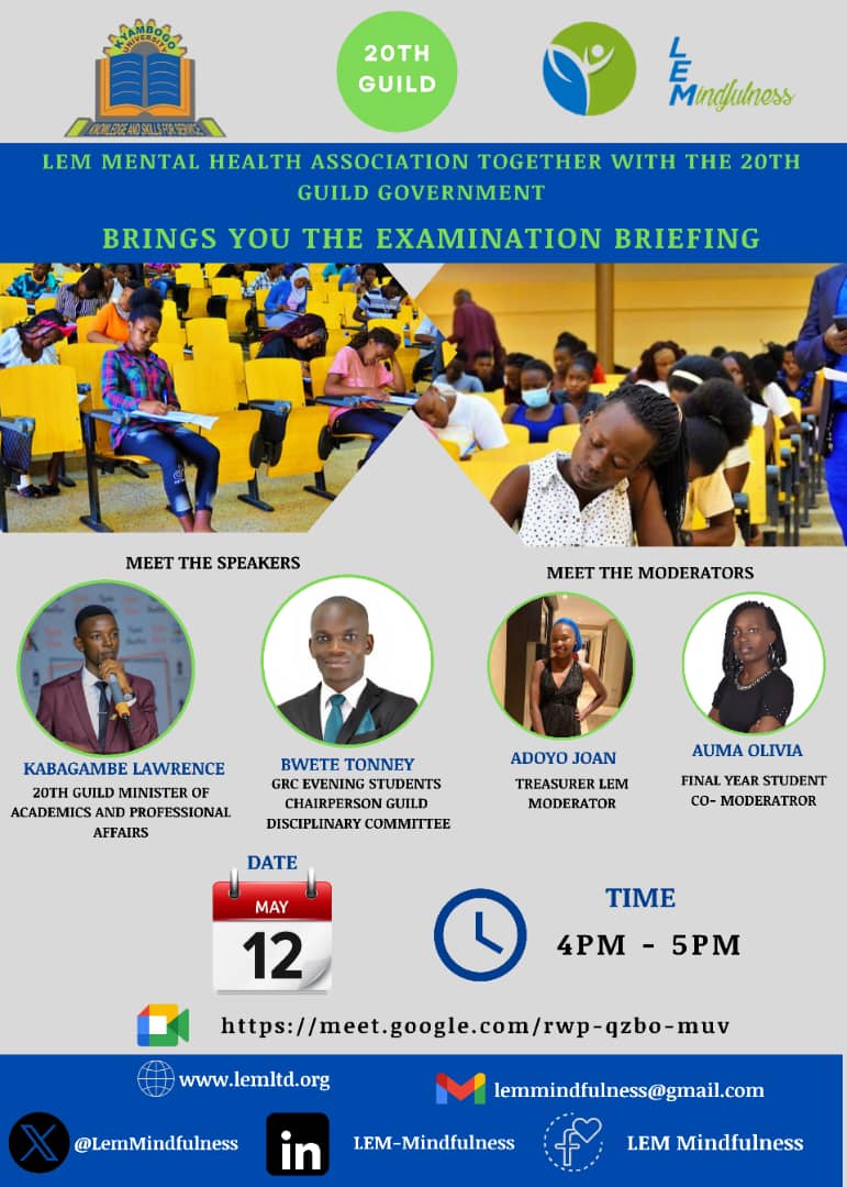 Join us for an online Examination briefing this Sunday on 12th May, 2024 from 4pm to 5pm. 
 *Courtesy of LEM & 20th Guild Government and kyambogo University as awhole. @kyambogou @KyambogoGuild @GPLAcademy