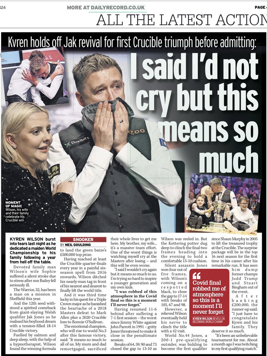 New world champ @KyrenWilson burst into tears and dedicated his maiden Crucible win to his family after a year of hell off the table @Daily_Record @Record_Sport