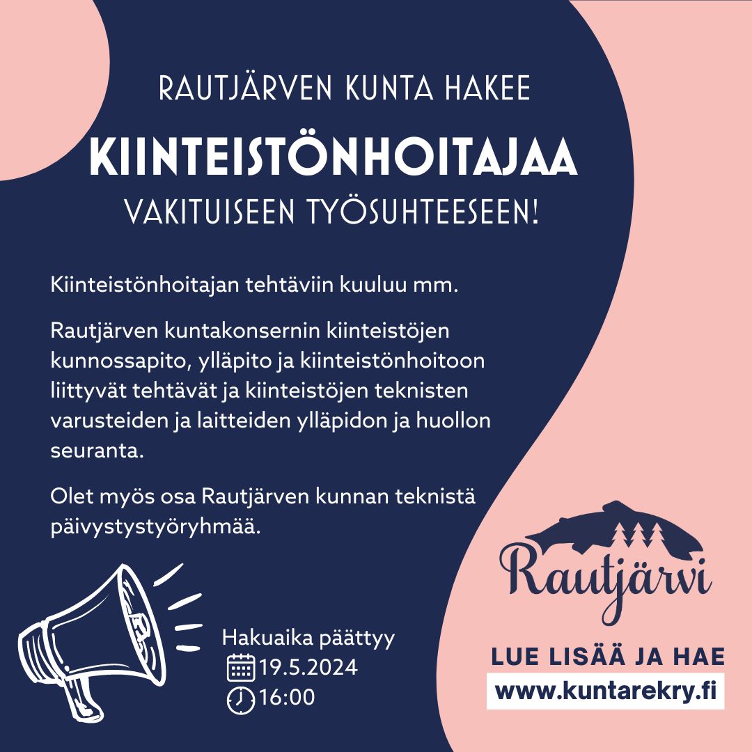 Kiinteistönhoitajalle paikka avoinna! Lue lisää: kuntarekry.fi/fi/tyopaikat/k…

#rautjarvinyt #rautjarvihuomenna #hyvanelamanrautjarvi #kotijakutupaikka #padotmurtava #kiinteistönhoitaja