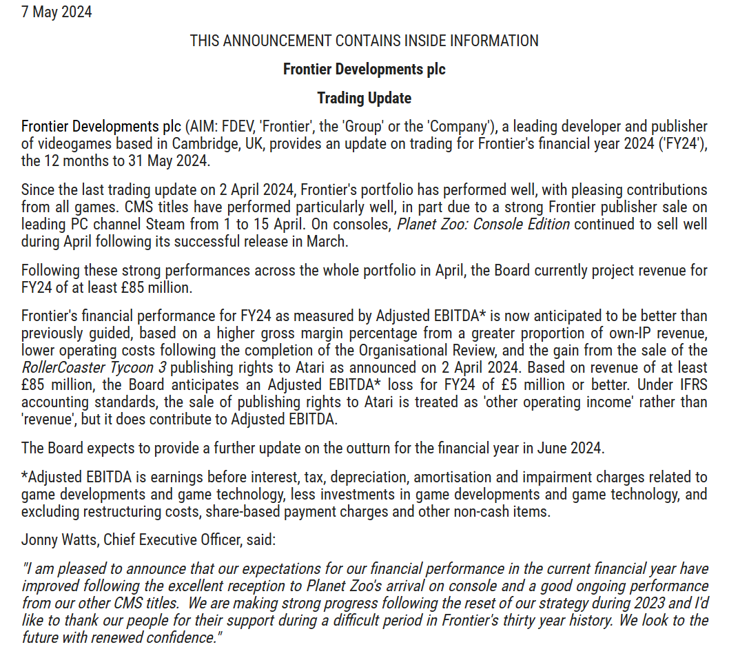 entrustTMF's tweet image. Frontier Developments #FDEV Trading Update

"Following these strong performances across the whole portfolio in April, the Board currently project revenue for FY24 of at least £85 million."