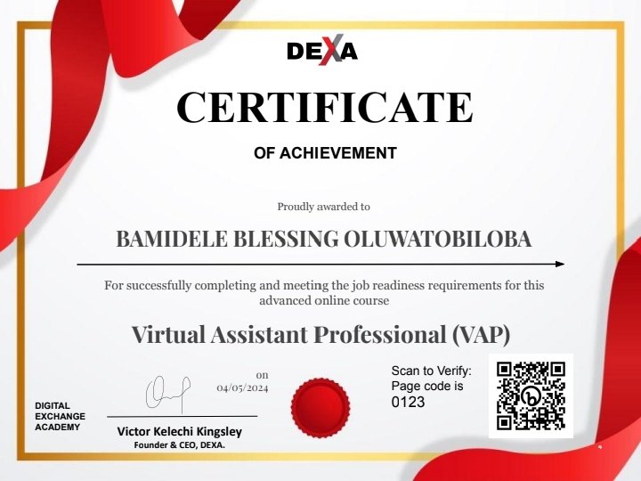 Exciting news! 
I've completed my Virtual Assistance Certificate Course with @Learnwithdexa & earned my certification as a Virtual Assistant Professional! 
Ready to support businesses & entrepreneurs with all admin tasks, SEO blog writing & more! My DM is available 24hours