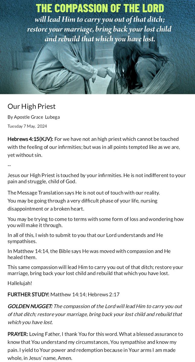 Good Morning. 😃 

Here’s the devotional for today. 
“Our High Priest”. 

Have a great day!