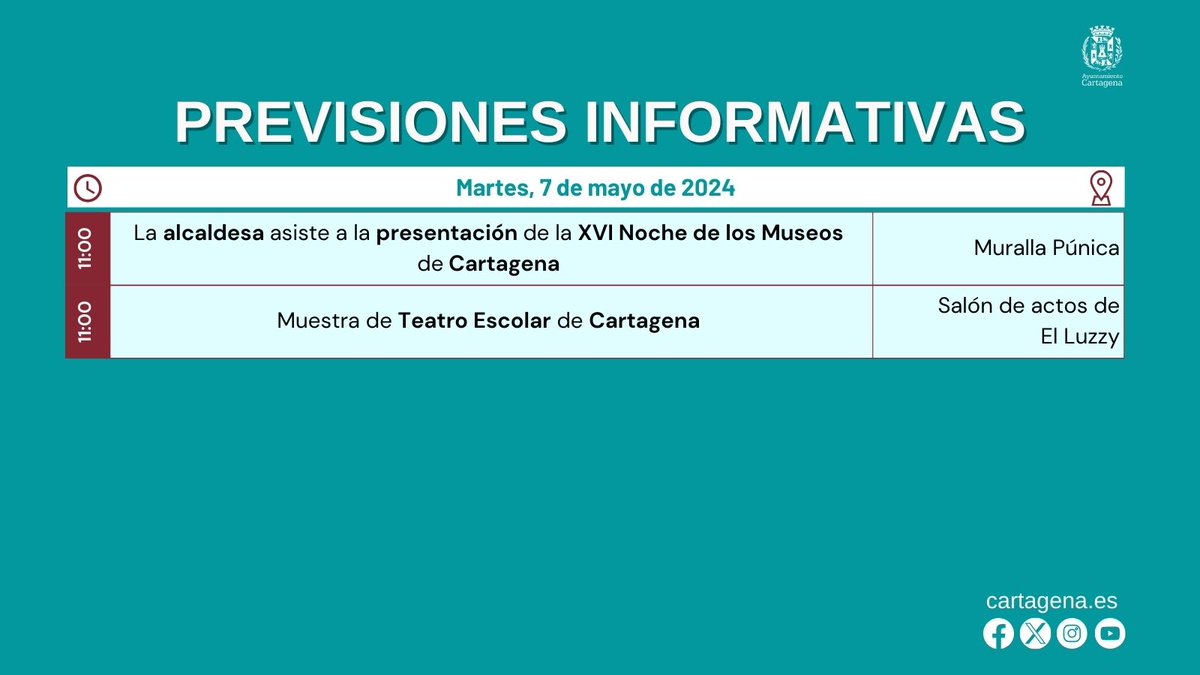 📢Consulta las previsiones informativas en #Cartagena para este martes, 7 de mayo. 🌐Más información en cartagena.es/cartagena_al_d…