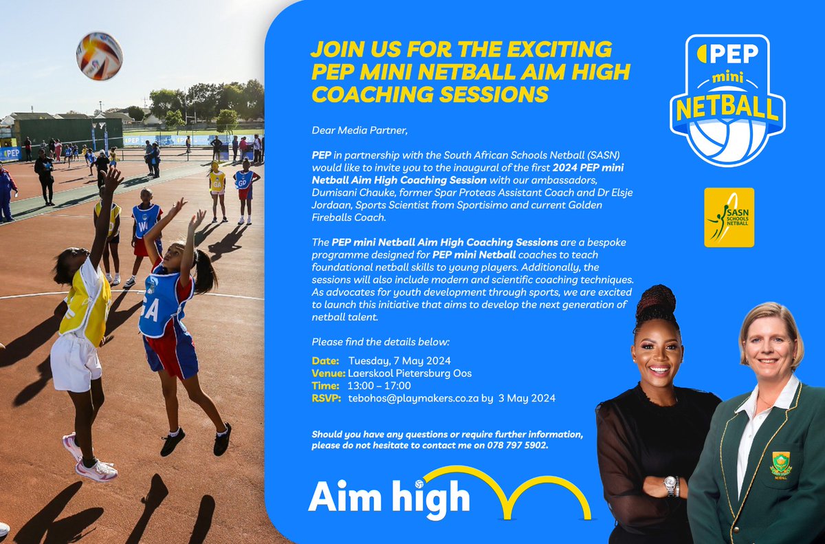 I am excited to be a part of the Pep mini netball Aim High coaching sessions kicking off today at Learskool Pieterburg Oos in Limpopo. 😊 I look forward to sharing my netball story and participate in the upcoming coaching sessions. ❤ #PepMiniNetball