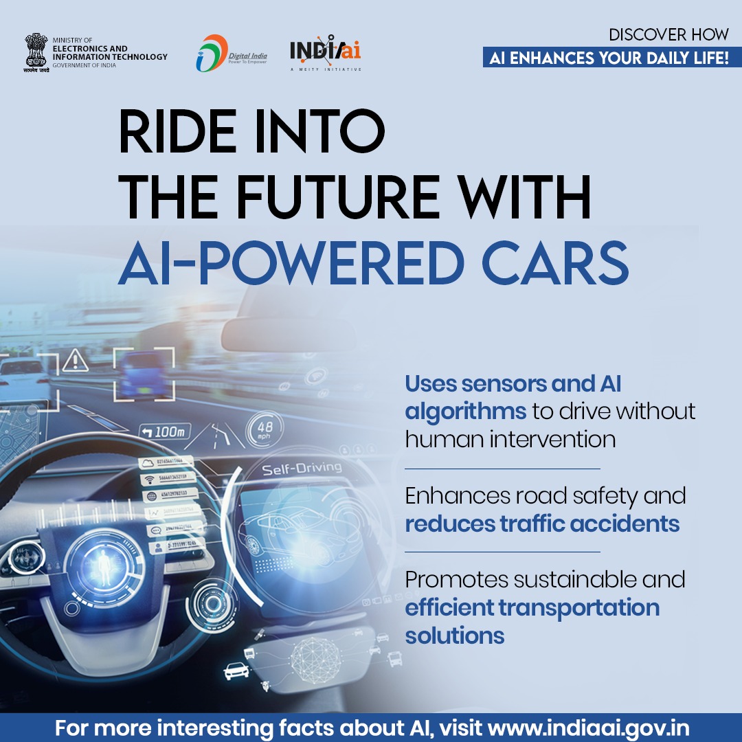 🤖#AutonomousVehicles 💬AI tech enables self-driving cars to navigate roads safely, paving the way for a new era of transportation. Discover the future of mobility at #IndiaAI - indiaai.gov.in 🚗🤖 #FutureTech #DigitalIndia @OfficialINDIAai @startupindia @MSH_MeitY