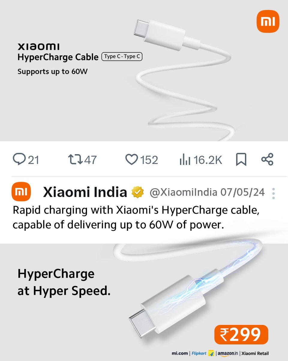 Introducing the #XiaomiHyperChargeCable Type C - Type C, your ticket to hyper-speed charging! With up to 60W⚡️HyperCharge capability, power up your smartphone or devices in record time. Get yours today: bit.ly/HyperChargeCab…