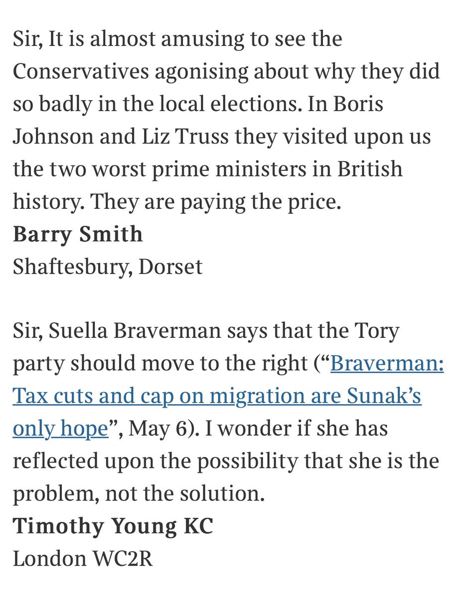Letters from Times readers who see the Tory electoral meltdown for what it is… No mention of Sunak’s ‘plan’ or sense that he’s delivering anything but dissatisfaction… instead, anger about what these dismals have inflicted on us and why they will absolutely pay for it in votes.