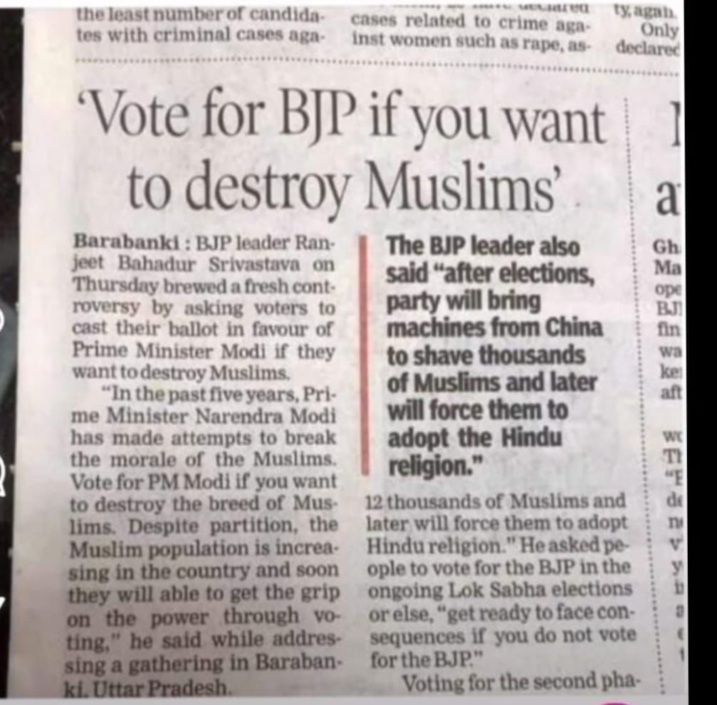 While Modi talks of infiltrators and those who produce more babies, his party leaders are more direct. 'Vote for BJP to destroy Muslims' is their no-holds barred cry. And to think it causes no outrage in the media or society!