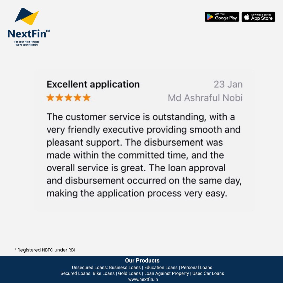 Read their #review to discover how we've helped them achieve their #financial goals. Ready to experience the same level of satisfaction? #Downloadtheapp to get the best experience: bit.ly/3vr4JBp iOS: apple.co/3IkaSEb  
#PersonalLoan #Loan #NextFin #OnlineLoanApp