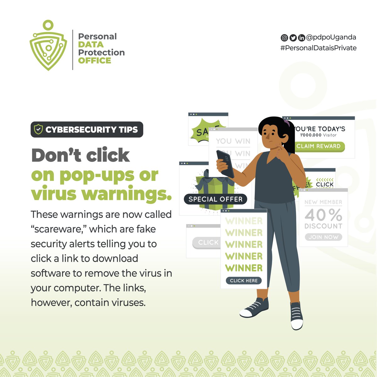 Remember those virus warnings that normally pop up on your device? Don't fall for it! Avoid clicking on pop-ups or virus warnings. Stay safe online by sticking to trusted sources and keeping your software updated. #PersonalDataisPrivate #DataPrivacyUG