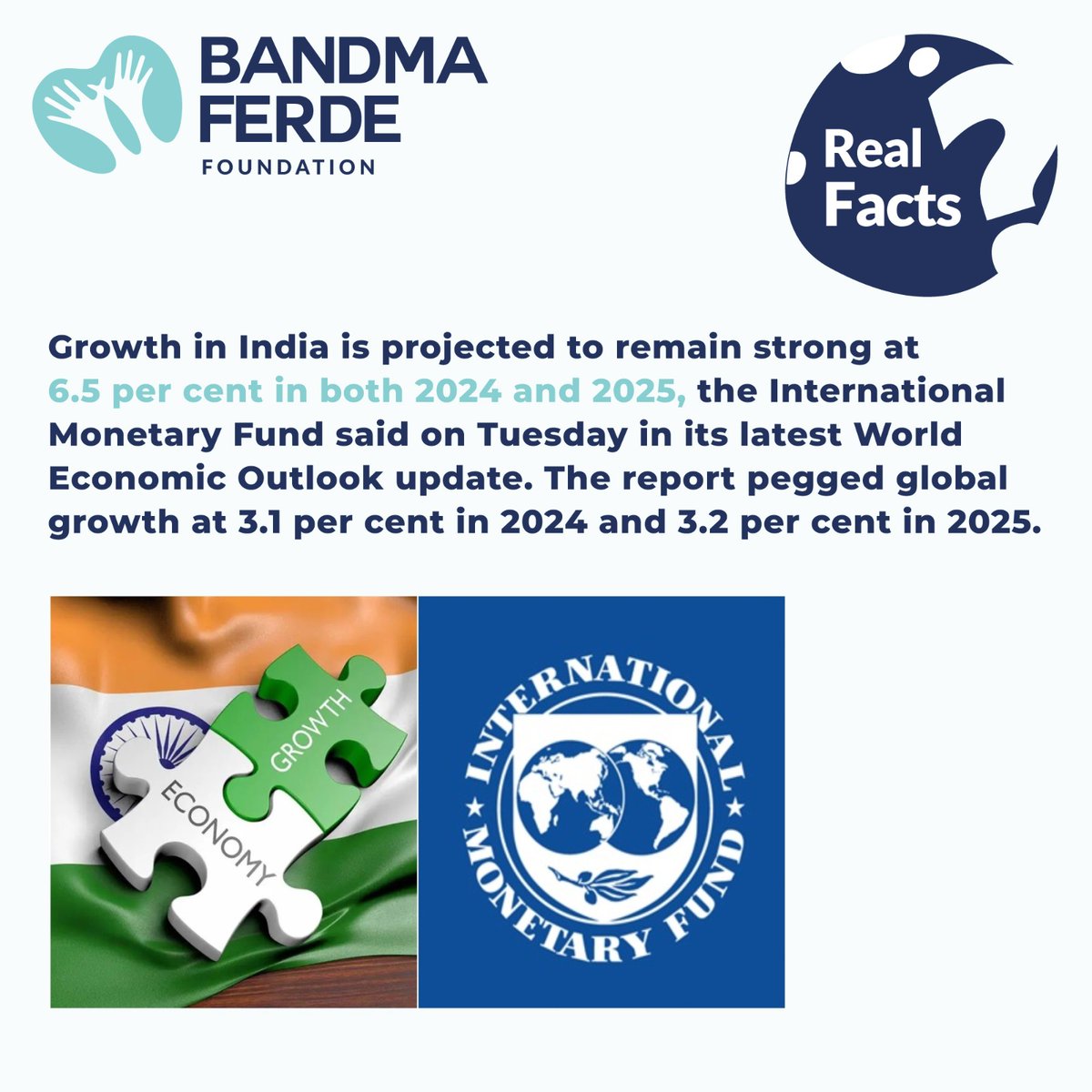 𝐑𝐞𝐚𝐥 𝐅𝐚𝐜𝐭: Growth in India is projected to remain strong at 6.5 per cent in both 2024 and 2025, the International Monetary Fund said on Tuesday in its latest World Economic Outlook update. #Bandmaferdefoundation #Bandmaferde #realfacts #India #factsmatter #NGOIndia #IMF