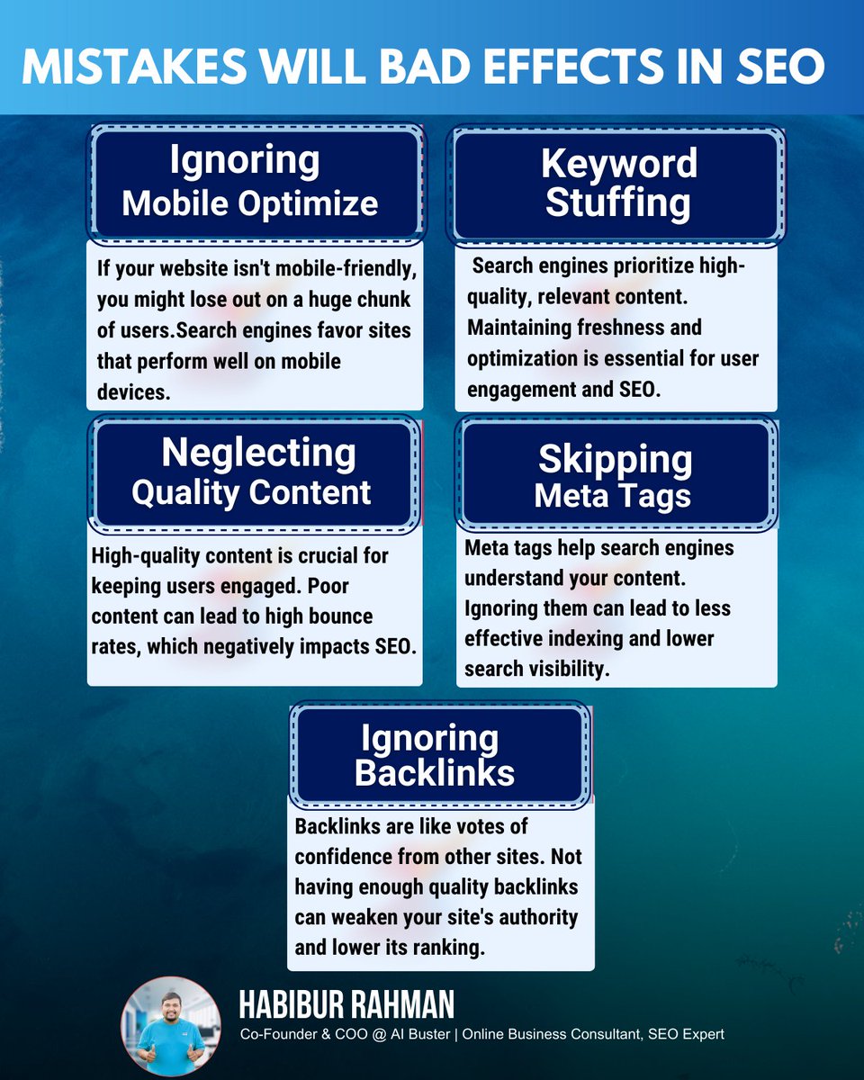Avoid These Common SEO Mistakes for Better Online Visibility

Don't let your website get lost in the digital noise. Elevate your SEO game.

✅Mobile Optimization
✅Keyword Stuffing
✅Quality Content
✅Meta Tags
✅Backlinks

 #SEOtips #DigitalMarketing #OnlineVisibility