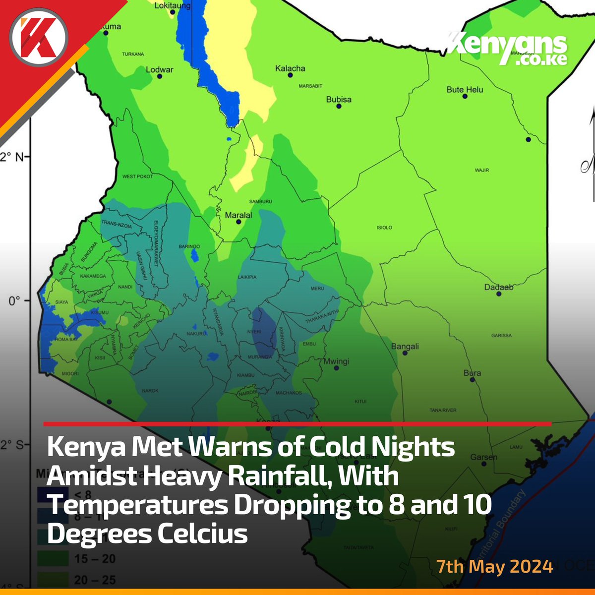 Kenya Met warns of cold nights amidst heavy rainfall, with temperatures dropping to 8 and 10 degrees Celcius