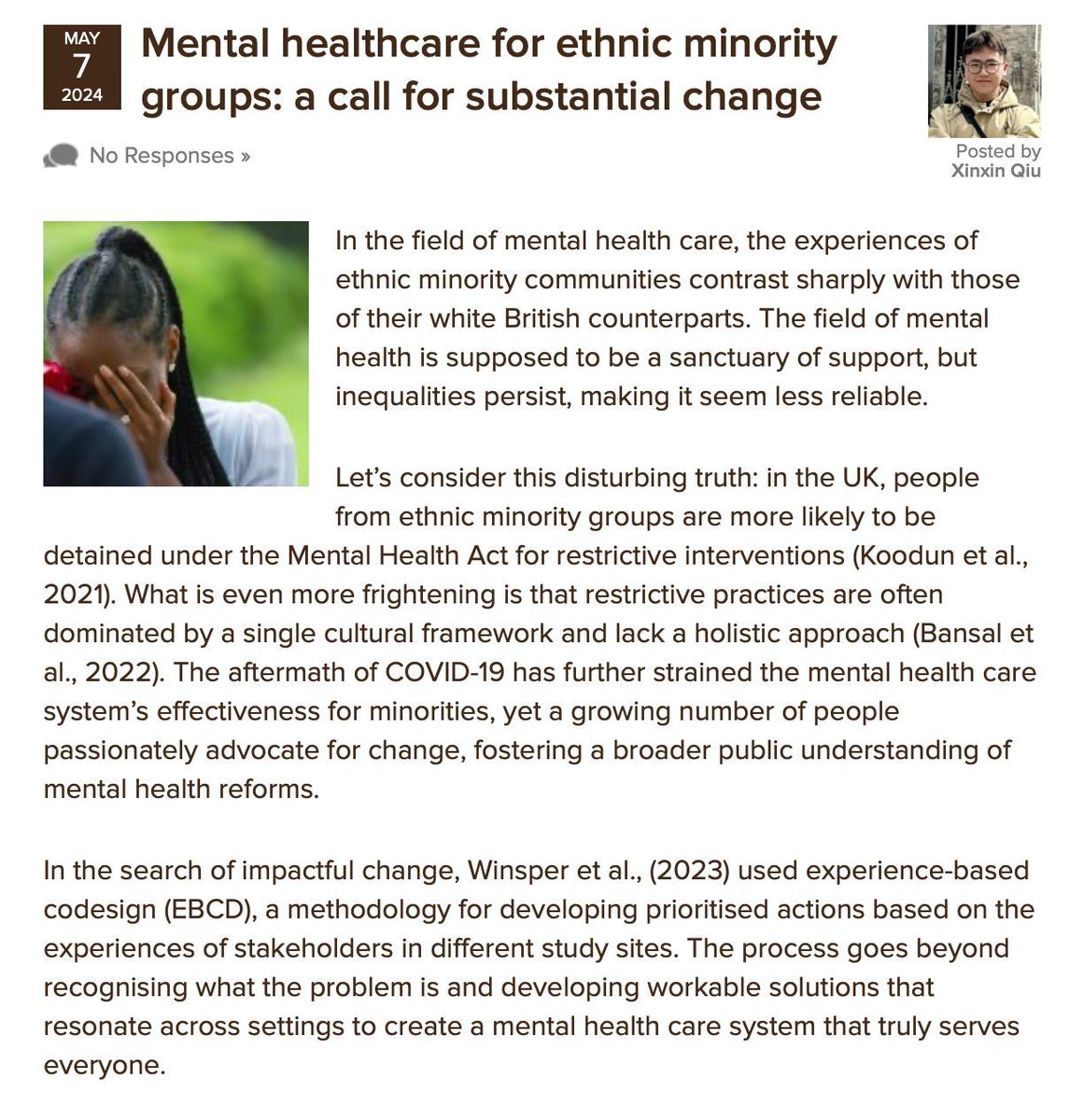 KCL Masters student Xinxin Qiu discusses a recent study by @CatherineWinsp1 et al, published in @BMJMentalHealth, about improving mental healthcare access and experiences for ethnically minoritised people in the UK nationalelfservice.net/?p=191836