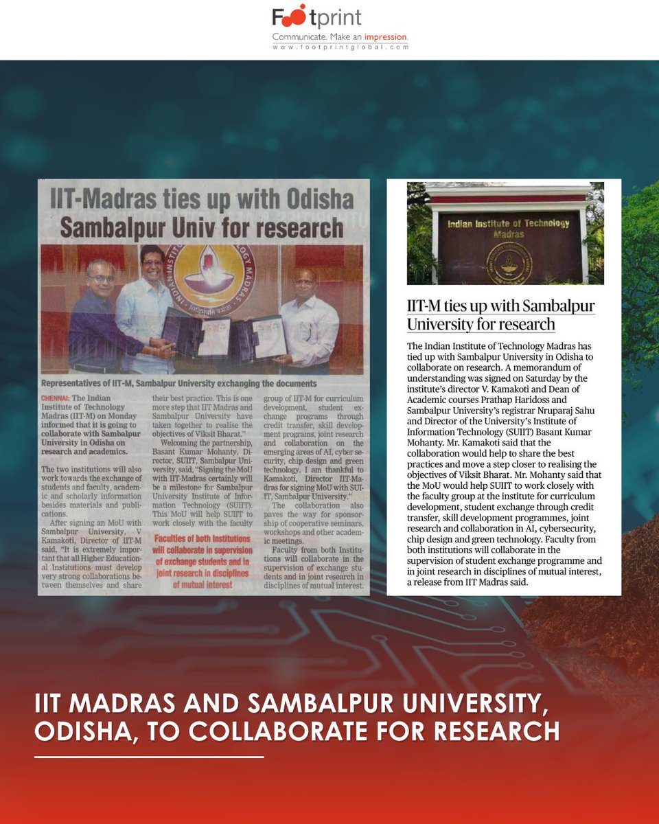 IIT Madras and Sambalpur University, Odisha, to collaborate on Research. The collaboration also paves the way for sponsorship of cooperative seminars, workshops and other academic meetings Read More: educationtimes.com/article/newsro… #Research #Collaboration #Academia @iitmadras