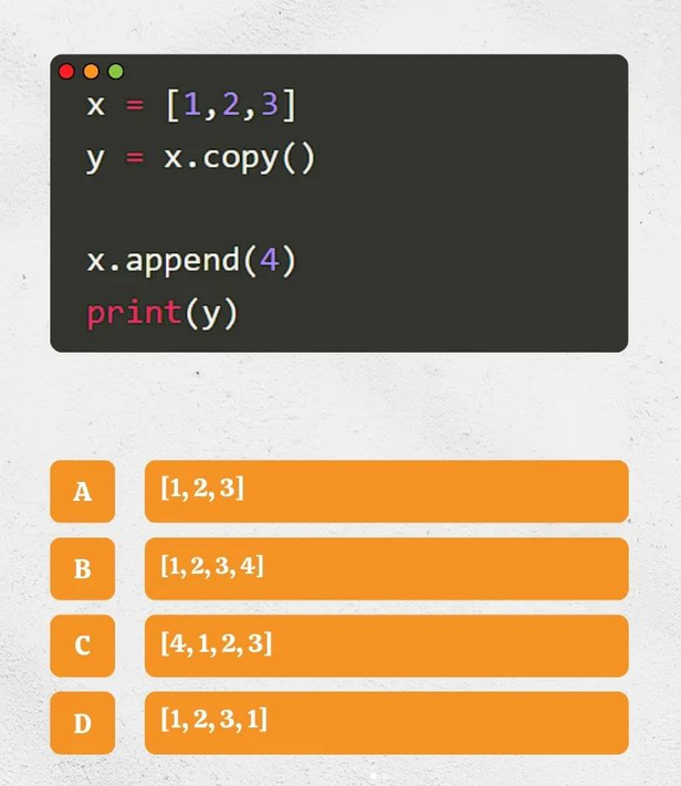 Python Question / Quiz;

What is the output of the following Python code, and why? 🤔🚀 Comment your answers below! 👇

#python #programming #developer #morioh #programmer #coding #coder #webdeveloper #webdevelopment #pythonprogramming #pythonquiz #machinelearning #datascience