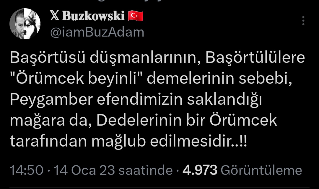 Başörtüsü kemik erimesine sebep oluyor diyorlar..

'Kafasına Başörtüsü takanlarda kemik erimesi olmaz ama, kafasını başörtüsüne takanlarda beyin erimesi olabilir... '

#konut Kıyamet #Rafah
#Bursa