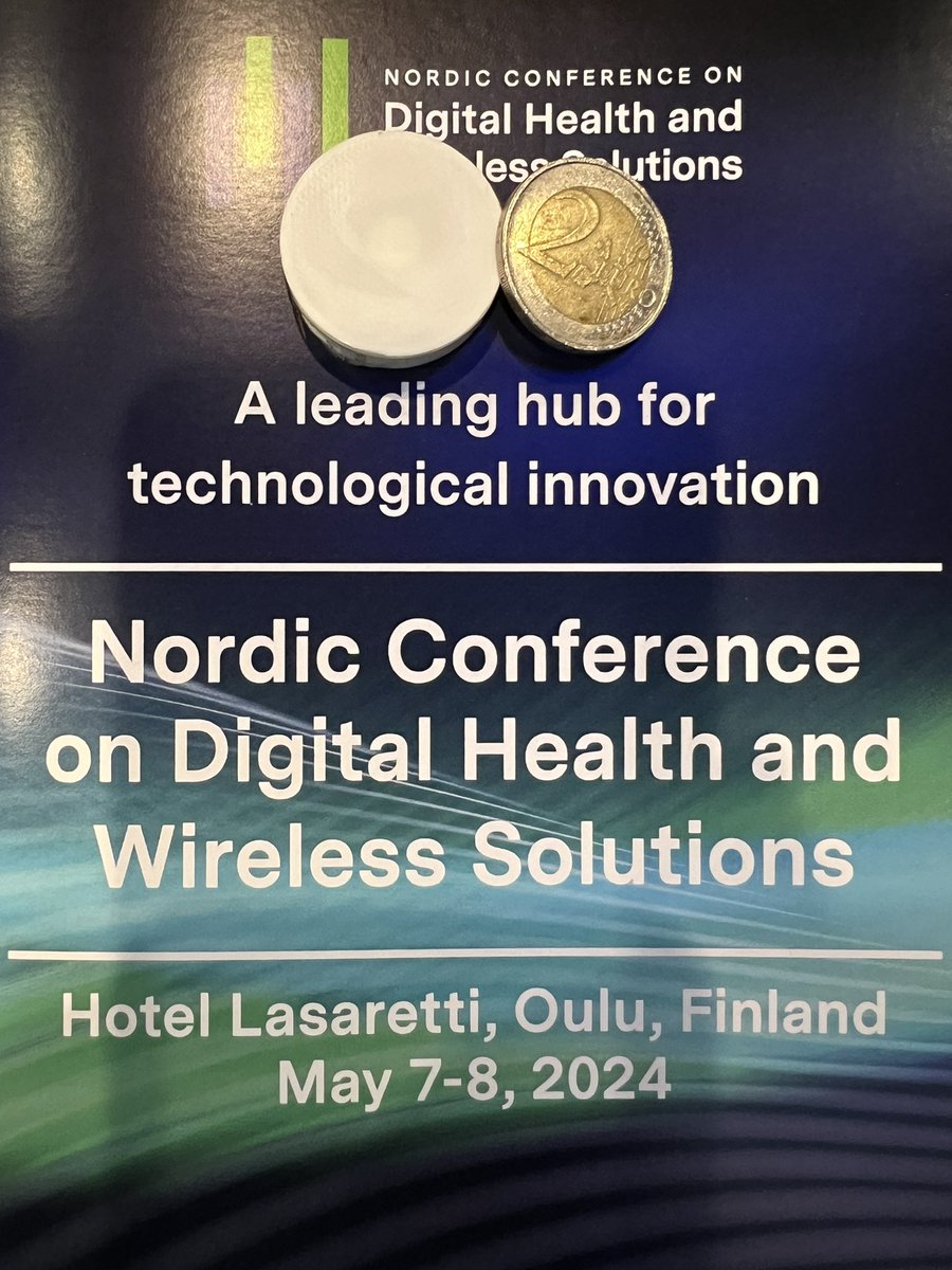 Today and tomorrow I am present at #NCDHWS with our #EnergyHarvesting-powered cough sensing device (coin for scale). Our device offers 90% detection rate, 21 times longer battery life, and complete data privacy! Come to listen at 11.40 in Session 5c tomorrow. <a href="/6Gflagship/">6G Flagship</a> #6GESS
