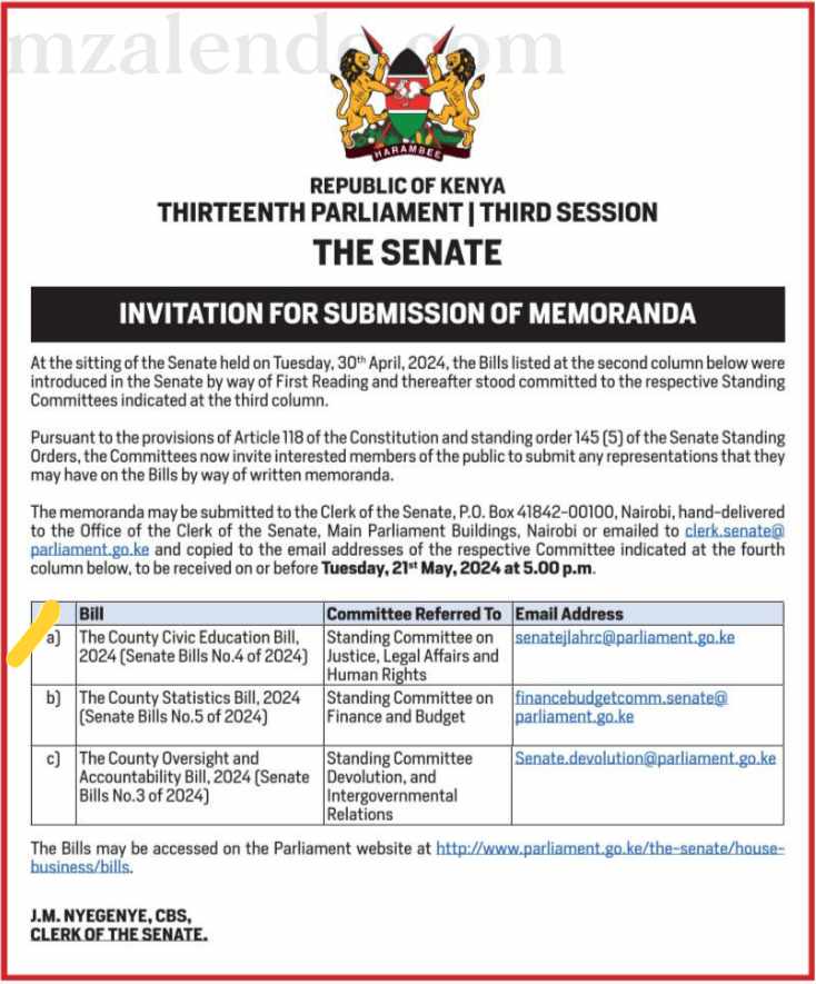 The Senate is inviting Kenyans to submit their views on the County Civic Education Bill (Senate Bills No. 4 Of 2024) Deadline: 21st May, 2024 at 5pm. #PublicParticipationKE. @OkenyuriEsther