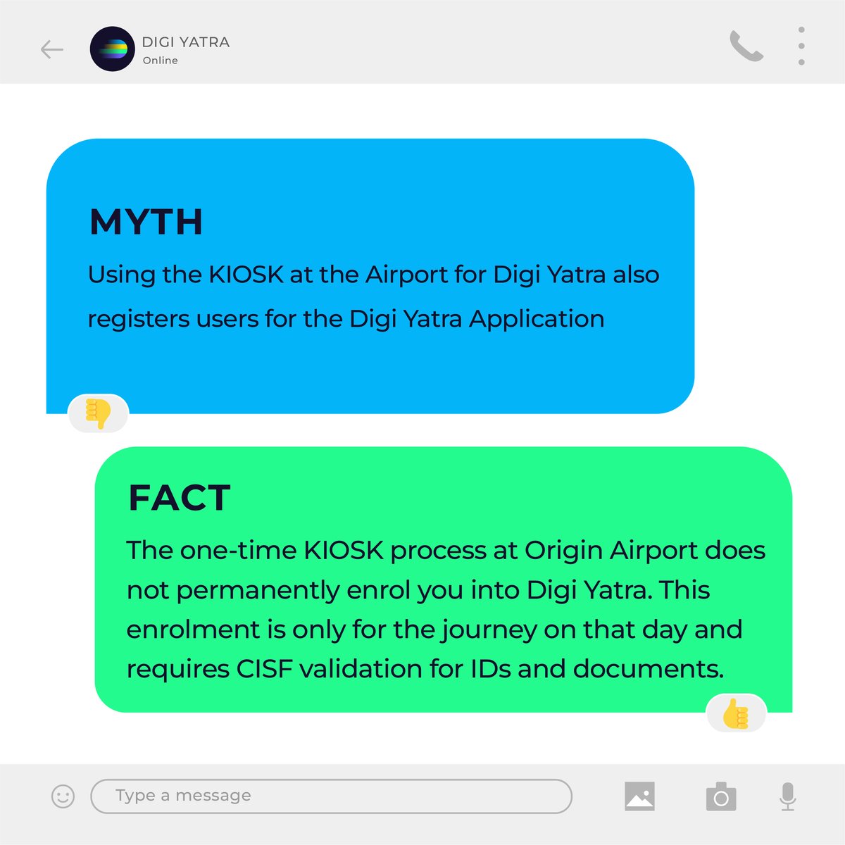 Separating myths from facts! 💡 Registering at the Digi Yatra kiosk does not enrol you into the Digi Yatra App. It is solely for facilitating your journey on the day. Stay informed, stay secure! Download the Digi Yatra App now! Available on IOS and Android. #DigiYatra