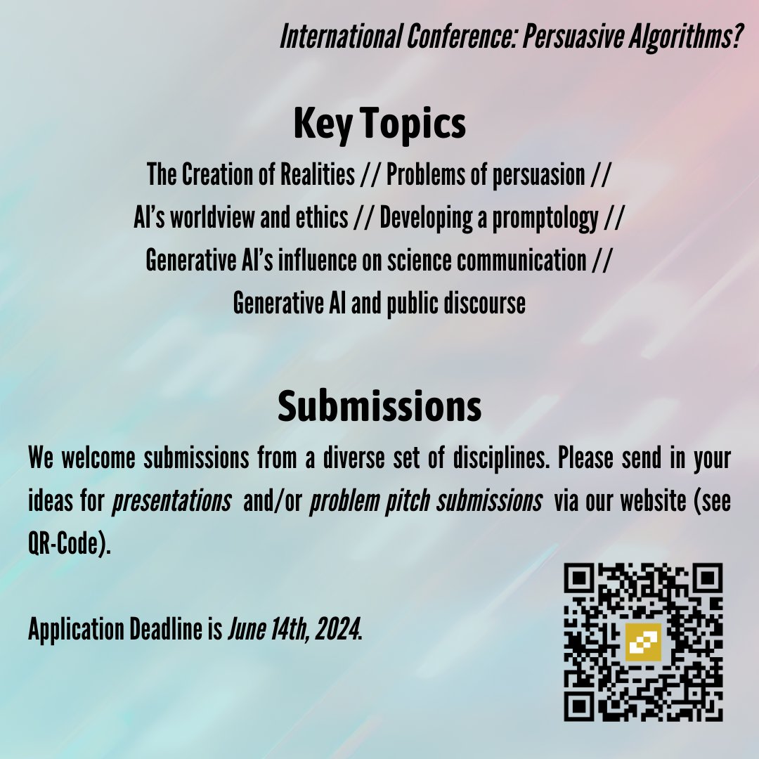 We are excited to announce the Call for Participation for our upcoming conference „Persuasive Algorithms? The Rhetorics of #GenAI“ (Nov 12-14, 2024) Read the full #CfP here: rhet.ai/en/2024/05/02/… Deadline is June 14th, conference language will be 🇬🇧