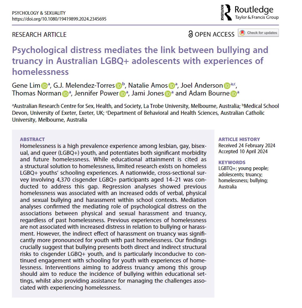 A big congratulations to Dr Gene Lim and my fellow co-authors for this new piece in Psychology & Sexuality, exploring the relationship between psychological distress, bullying and truancy among young LGBQ+ people. It’s free to read and download here: tandfonline.com/doi/full/10.10…