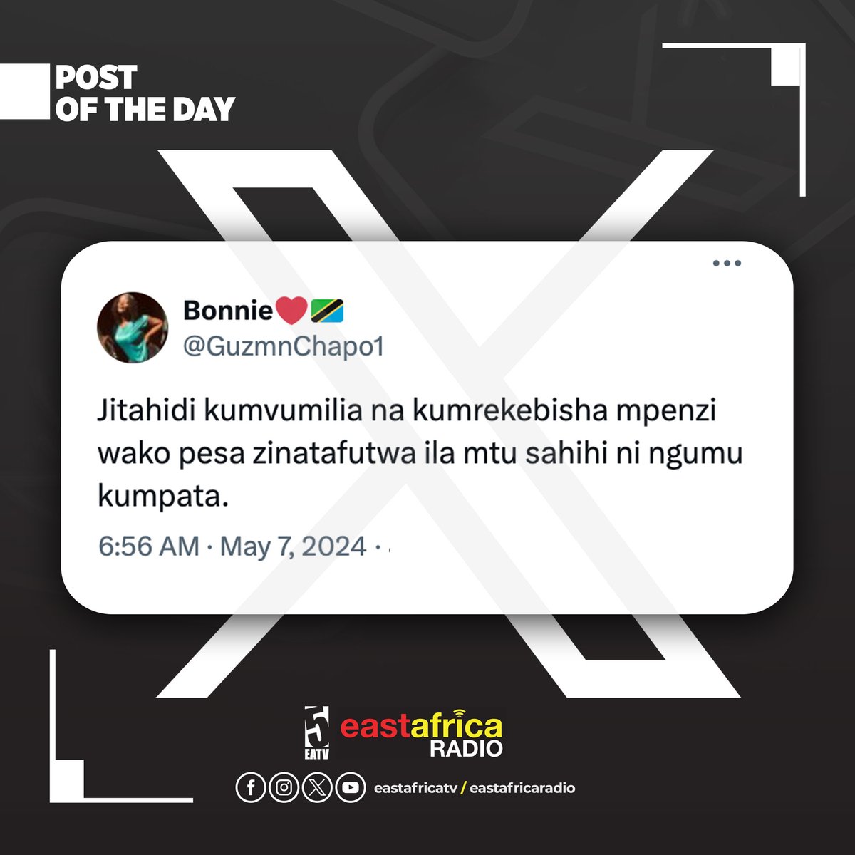 @nyuki_malkia #PostOfTheDay:

Cc: @GuzmnChapo1

#EastAfricaTv #EastAfricaRadio #PostOfTheDay #HainaKuchoka