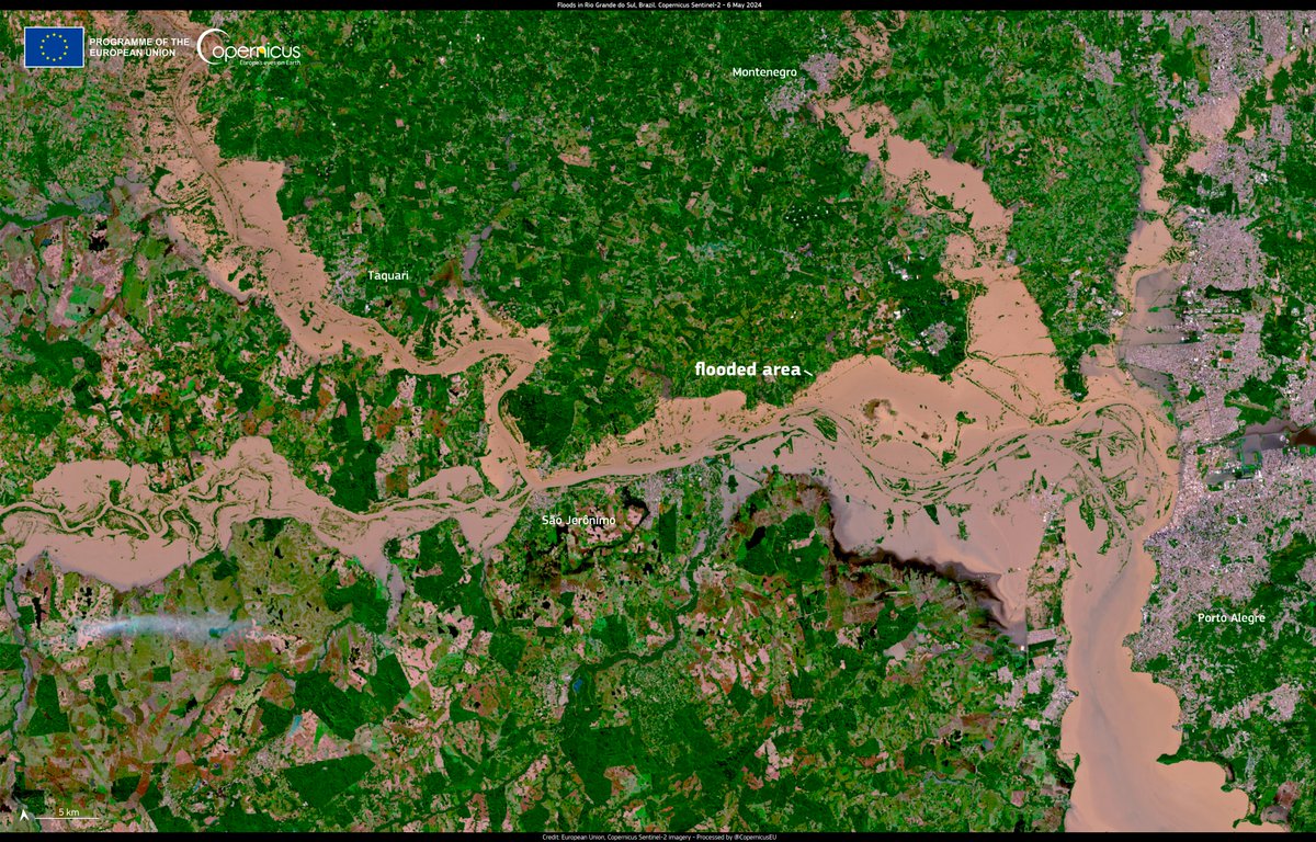 #ImageOfTheDay Dramatic #floods have devastated Southern #Brazil 🇧🇷 ➡️@CopernicusEMS is monitoring the event (#EMSR720) ⬇️Flooded areas near Porto Alegre are visible in this #Copernicus #Sentinel2 🇪🇺🛰️ image acquired on 6 May at 13:40UTC