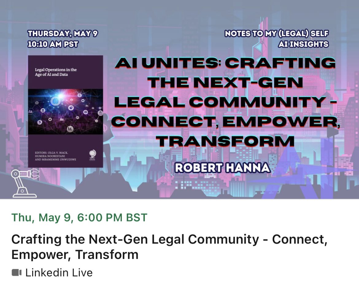 🎥 Join me &amp; <a href="/OlgaVMack/">Olga V. Mack</a> 
on May 9 at 6pm UK / 10am PST for "AI Unites: Crafting the Next-Gen Legal Community" 🚀 

We'll dive into how AI is revolutionising law through community building, mentorship, and ethics. 

Don’t miss it register 👉 linkedin.com/posts/olgamack… #LegalTech