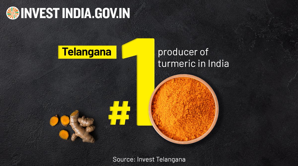 #Telangana's food processing industry processes ~25% of #NewIndia's agricultural and allied output by value, marking its crucial role in fueling economic prosperity & self-reliance. Know more: bit.ly/II-telangana #InvestInTelangana #InvestInIndia #Turmeric #FoodProcessing