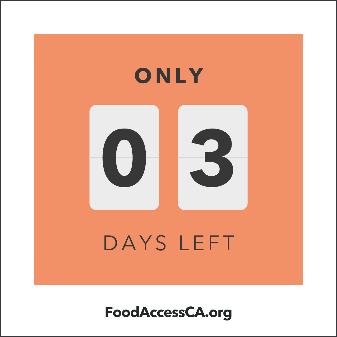 Just 3 days left to register for Food ACCESS 2024. Join us in Sacramento on May 16–17 and make an impact! Registration closes on May 8th. Sign up at FoodAccessCA.org today! #FoodAccessCA #FoodAccess24