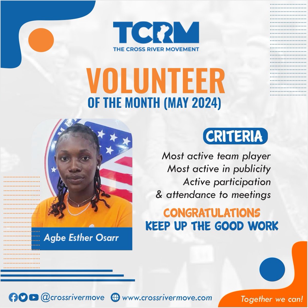 Thank you for serving with us @⁨Agbe Esther. We appreciate your passion in advocating for good governance in #CrossRiverState.

Congratulations 🎊 💐 .

#CivicEngagement #TCRM #ActiveCitizenship #thecrossrivermovement  #Nigeria #GoodGovernance #goodgovernancenigeria