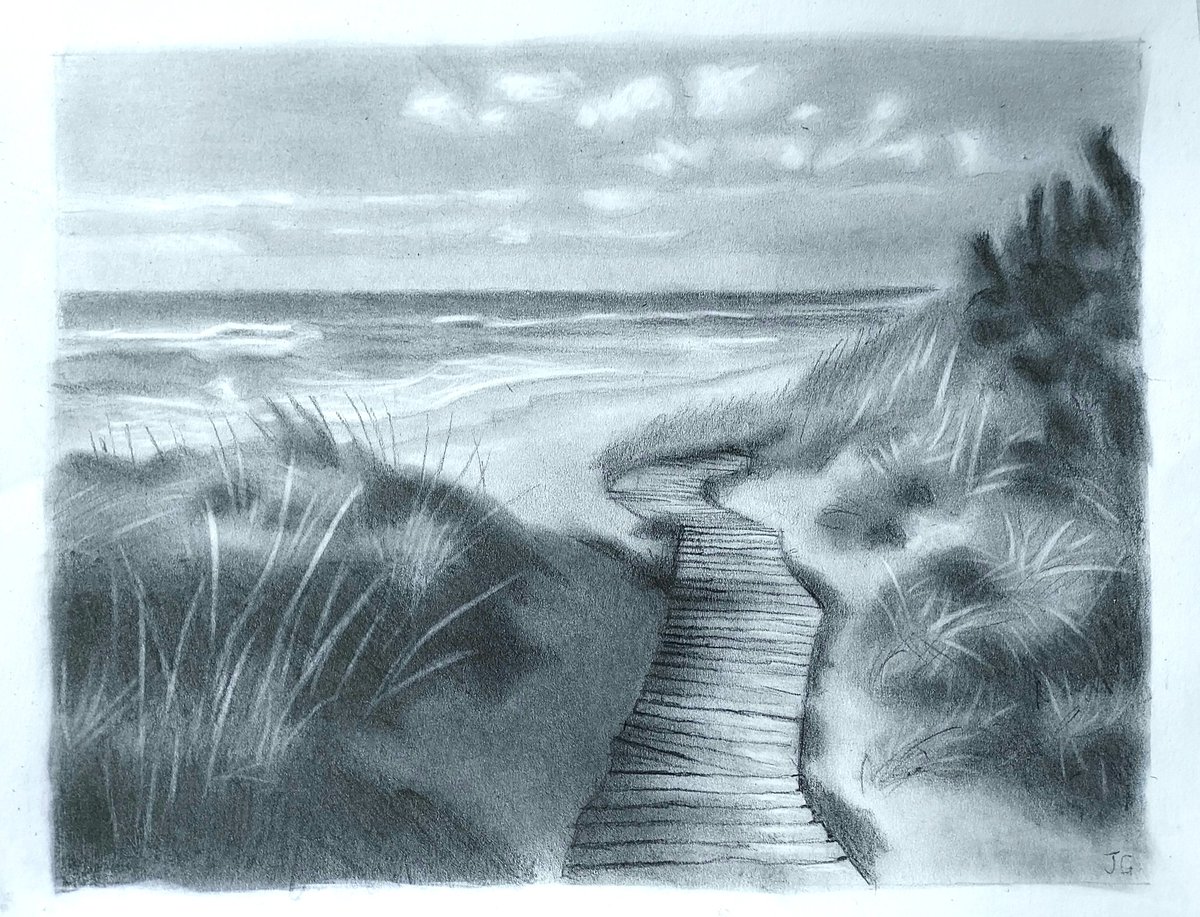 A pencil drawing from of a beach, no idea where is, but like the reference. Cartridge paper, 25 x 34 cm. #pencildrawing #landscapedrawing #beach