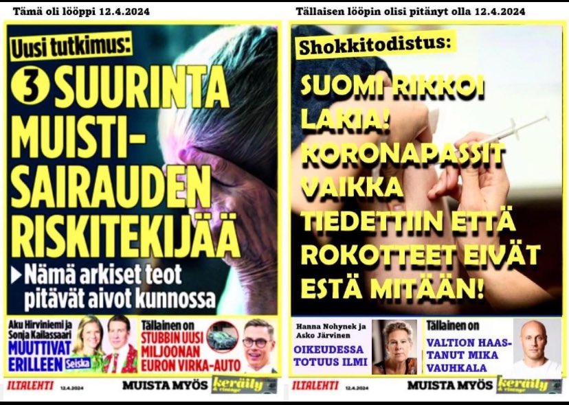 🙋⁦@iltalehti_fi⁩ ⁦@iltasanomat⁩ ⁦@hsfi⁩ 

Väitän, että teidän toimittajat päätoimittajia myöden tiedostavat että #koronapassi ’lla rikottiin ihmisoikeuksia—> #media omistajat kieltäneet ”agendabotskin keikuttamisen” 😎😉 #CaseCovidPass #suomi