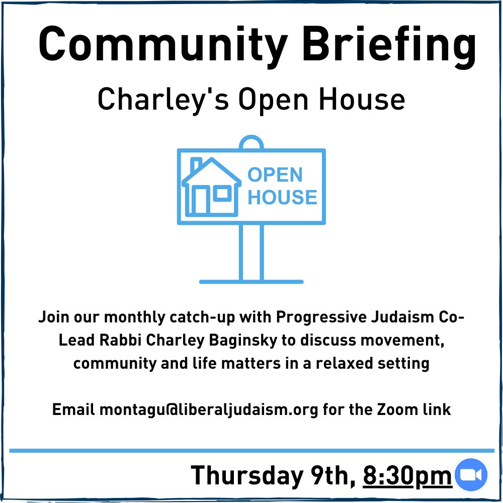 This Thursday, at the slightly later time of 8.30pm, is Charley's Open House and your chance to chat with Liberal Judaism CEO and Progressive Judaism Co-Lead @RabCharley! Open to all members of Liberal Judaism and @ReformMovement, email montagu@liberaljudaism.org for the link.