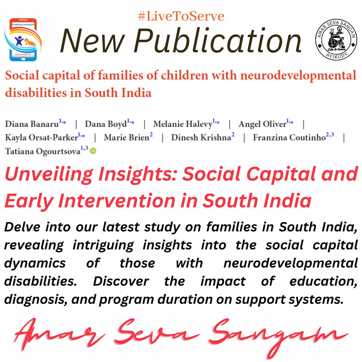 amarseva's tweet photo. Our study of families in South India with neurodevelopmental disabilities found that over half of the participants had low social capital.
Link for full Publication: https://t.co/kEZzAZjkad
.
.
.
.
#LivetoServe #YouCanMakeADifference #AnInclusiveWorld #EnablingInclusion #ASSA https://t.co/vcFMzPL4N9
