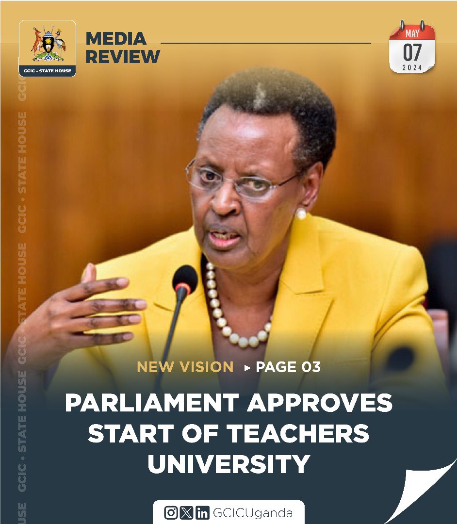 The Ugandan government plans to establish a teaching institution and conduct innovative research at Block 185, Plot 6990 in Kyadondo County, Mengo, according to Hon. Janet Museveni, the First Lady.

#GCICMediaReview

🔗 media.gcic.go.ug/gcicmediarevie…