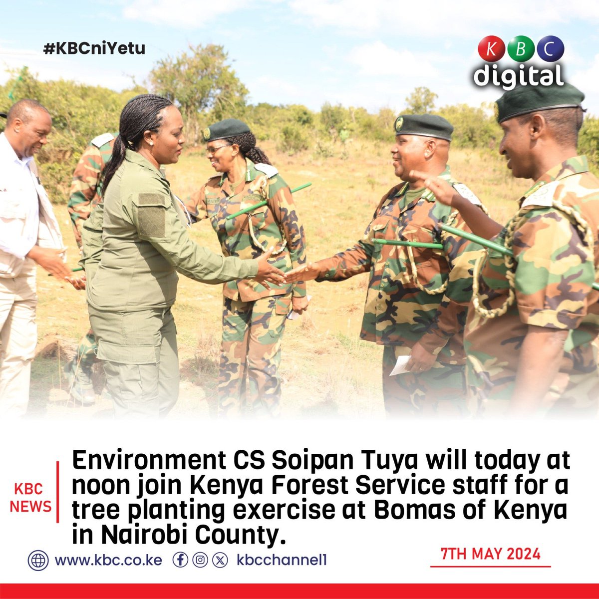 Environment CS Soipan Tuya will today at noon join Kenya Forest Service staff for a tree planting exercise at Bomas of Kenya in Nairobi County.
#KBCniYetu ^RO